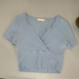 Heart Hips Light Blue Ribbed Wrap Crop Top